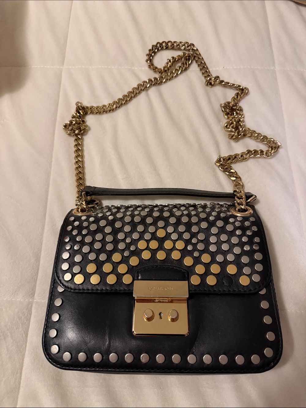 Michael Kors Black Leather Crossbody with Gold and Silver Studs